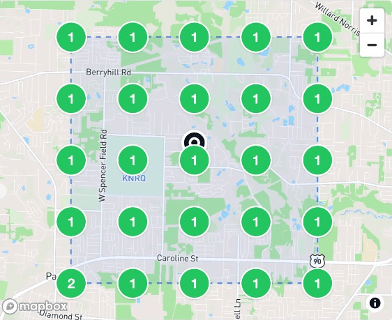 Rank grid for emergency plumber around Harbor & Pine Plumbing showing ranking pins 1 through 3 in the map pack across a 5 by 5 local search grid